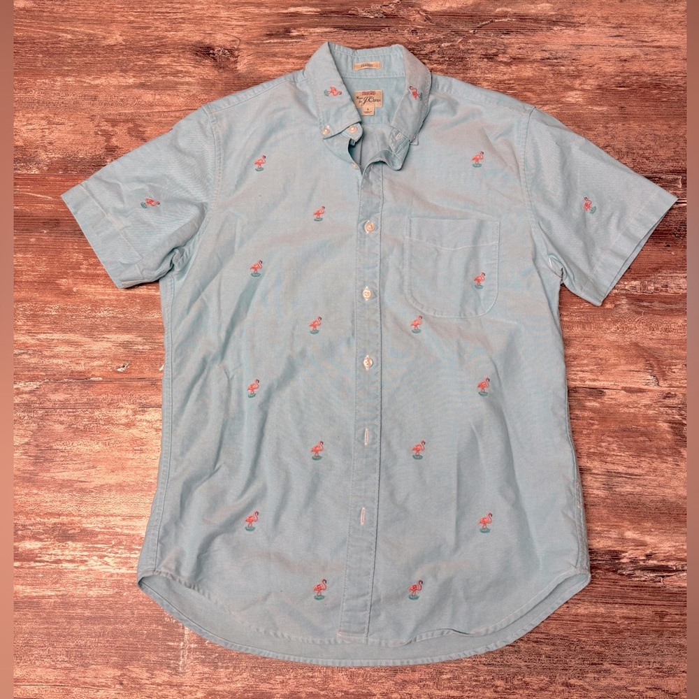 VGUC J. Crew Classic Oxford Flamingo Embroidered Short Sleeve Button Down, Small